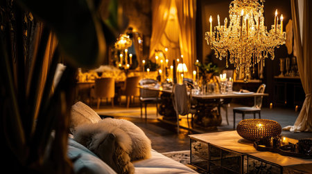 Interior of a luxury hotel room with chandeliers and candlesの素材
