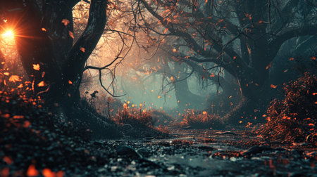 Foggy forest with a small streamの素材