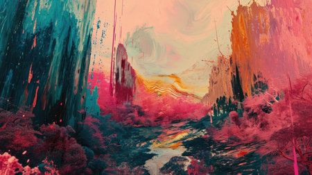 Colorful abstract painting. Landscape with mountains and treesの素材