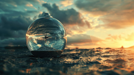 Glass globe with wind turbine on the beach at sunsetの素材