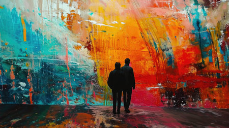 Man and woman looking at abstract oil painting on canvas. Colorful backgroundの素材