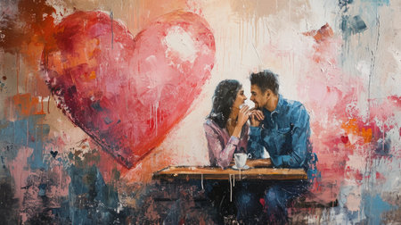 Couple in love sitting at a table in a cafe with a cup of coffeeの素材