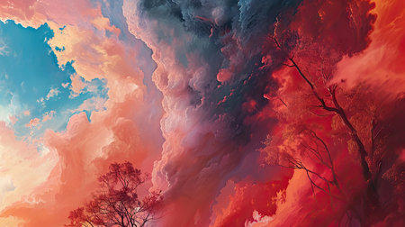 Beautiful fantasy landscape with a tree and cloudsの素材