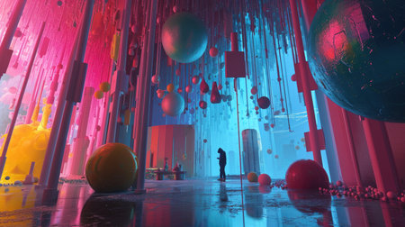 Man standing in the middle of a futuristic room with glowing ballsの素材