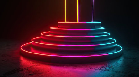 Abstract background with neon lights, round podium in dark roomの素材