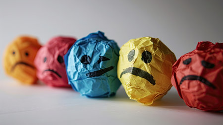 Crumpled paper with sad and sad faces on white backgroundの素材