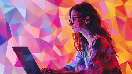 Young woman working on laptop in low poly style. Multicolor backgroundの素材