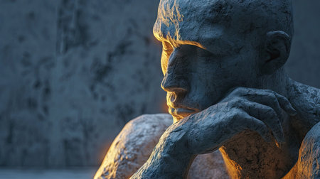 Stone statue in a dark room with light effectの素材