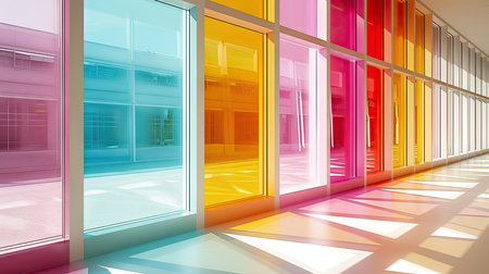 Interior corridor with colorful lights and reflections on itの素材