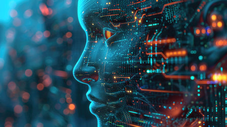 Artificial intelligence concept with human head and binary codeの素材