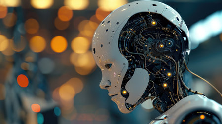 Robot head on bokeh background, artificial intelligence conceptの素材