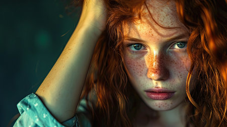 Portrait of a red-haired girl with frecklesの素材
