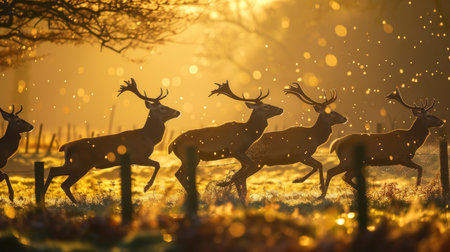 Fallow deer (Cervus elaphus) with deers at sunriseの素材