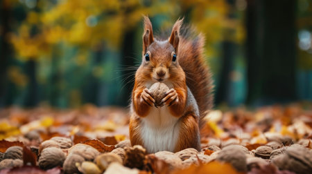 Red squirrel with nut in autumn forest. Beautiful red squirrel with nut in autumn forestの素材