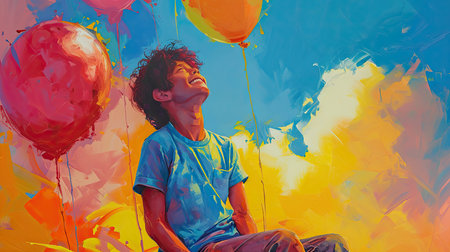 Young man with colorful balloons. Multicolored oil painting on canvasの素材