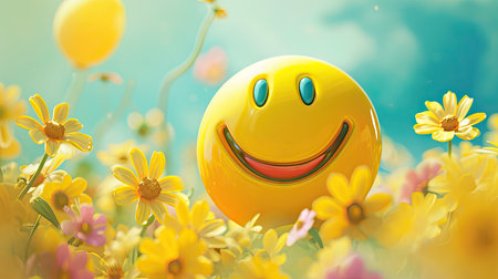 Emoticon smiley face in daisy flower fieldの素材