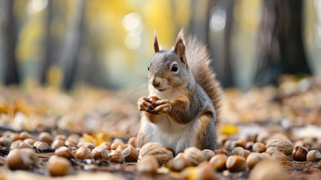 Squirrel in the autumn park eating nuts. Autumn forest backgroundの素材