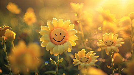 Yellow daisy with smiley face on flower field in the morningの素材