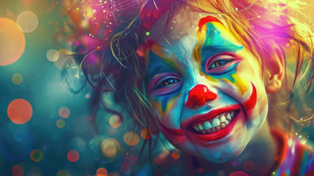 Close-up portrait of a cute little girl with painted face as a clownの素材