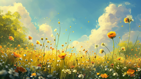 Summer meadow with poppies and daisies. Nature backgroundの素材