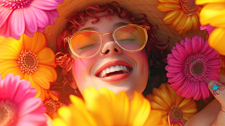 Beautiful young woman in a hat and glasses with gerbera flowersの素材