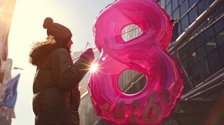 A young woman in a black coat and hat holds a pink inflatable balloon in the shape of the number eightの素材