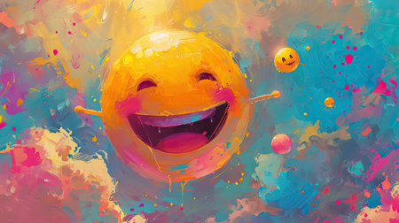 Smiling emoticon on colorful watercolor backgroundの素材