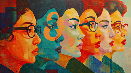 Art collage with portrait of three girls in glasses. Contemporary art collageの素材