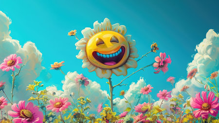 Smiling sun and flowers on blue sky backgroundの素材