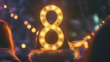 A glowing number 8 behind the head of one of the girls walking in the parkの素材