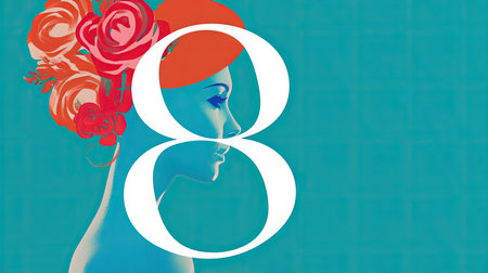 Beautiful girl with roses on blue background with the number eightの素材