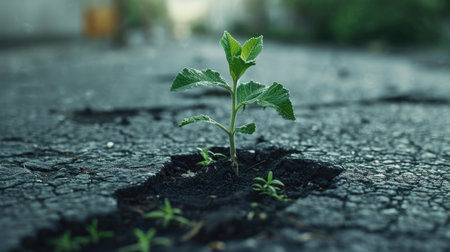 Plant sprout growing from crack in asphalt road. Nature conceptの素材