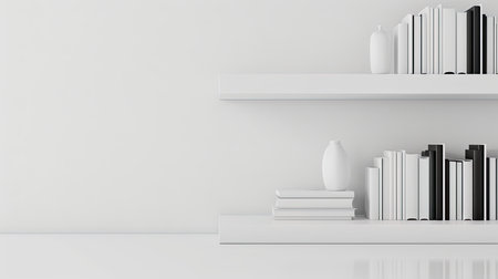 White bookshelf with books and vaseの素材