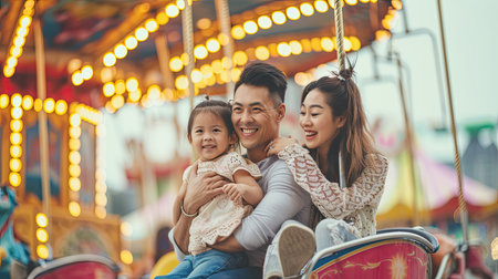 Happy asian family having fun on carousel in amusement parkの素材