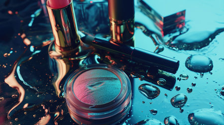 Cosmetic branding, girly and glamor concept - Eyeshadow palette, lipstick and nailpolish on liquid background, make-up and cosmeticsの素材