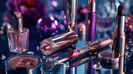 Cosmetic branding, girly and glamor concept - Make-up products on vanity table, lipstick, nailpolish and eyeshadow for luxury beauty and fashionの素材
