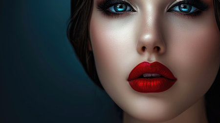 Beautiful brunette woman with red lips and smoky eyes makeupの素材
