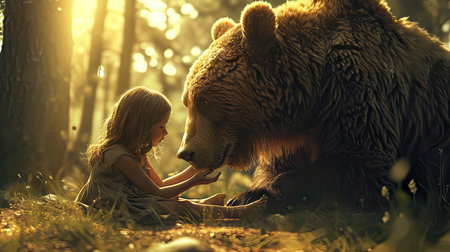 Little girl playing with big bear in the forest. Childhood conceptの素材