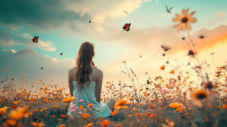 Young woman sitting on the meadow with flowers and butterflies at sunsetの素材