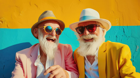 Portrait of two senior men in sunglasses and hat on colorful backgroundの素材