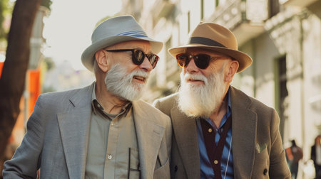 Portrait of senior couple walking in the city. They are wearing hats and sunglassesの素材