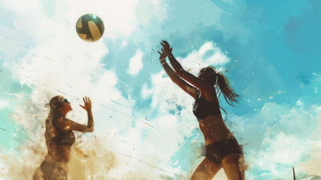 Two girls playing beach volleyball against blue sky with clouds. Illustrationの素材