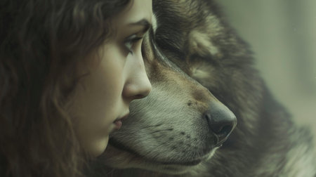 Portrait of a beautiful girl with a dog. Close-upの素材