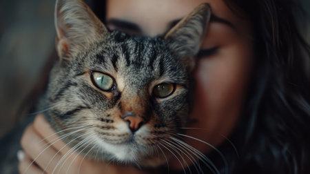 Closeup portrait of a young woman with a cat in her armsの素材