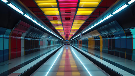 Interior of an empty subway station with colorful lightsの素材