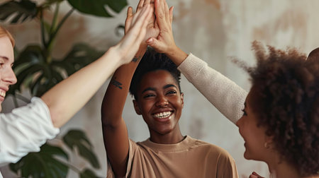 Happy african american woman giving high five to colleague in officeの素材