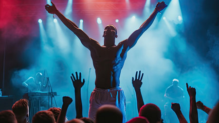 Cropped view of young man dancing on stage with raised hands in nightclubの素材