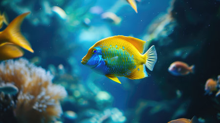 Colorful tropical fish swimming in the blue water of the aquariumの素材