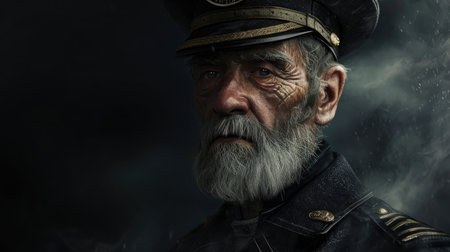 Portrait of an old man in a military uniform on a dark backgroundの素材