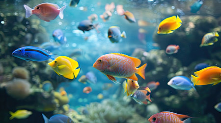 Underwater world aquarium with many colorful tropical fishes. Aquarium backgroundの素材